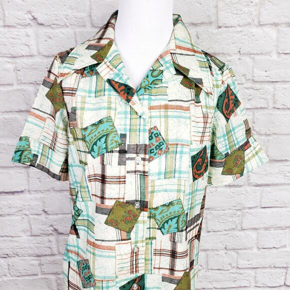 Vintage '70s Bradley Knitwear Green Plaid Patchwork Print Button Down Top Size M - Picture 2 of 16